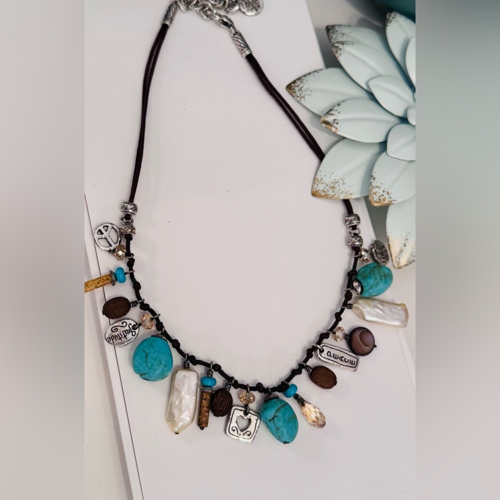 Brighton Imagine Cord Necklace with - faux Turquoise and Mother of Pearl Charms
